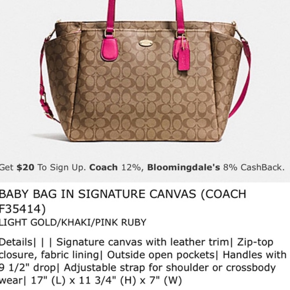 Coach Authentic Diaper Bag Brown With Pink Handles Mint - Picture 3 of 9
